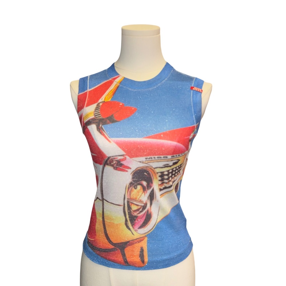Miss Sixty Vintage Y2K  Glitter Mesh Graphic Tank Top Small Automotive Rare
